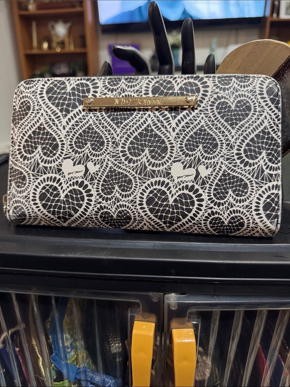 Betsey Johnson Black & White Lace & Heart Pattern Zip Wallet